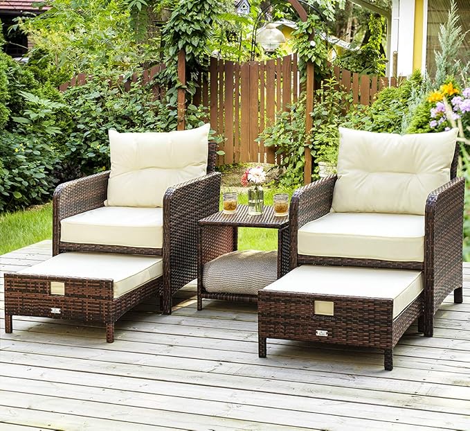 Pamapic 5 Pieces Patio Furniture Set, Rattan Balcony Furniture with Ottomans, PE Wicker Outdoor Patio Chairs Set with Coffee Table for Poolside, Porch, Lawn, Garden, Balcony(Beige)