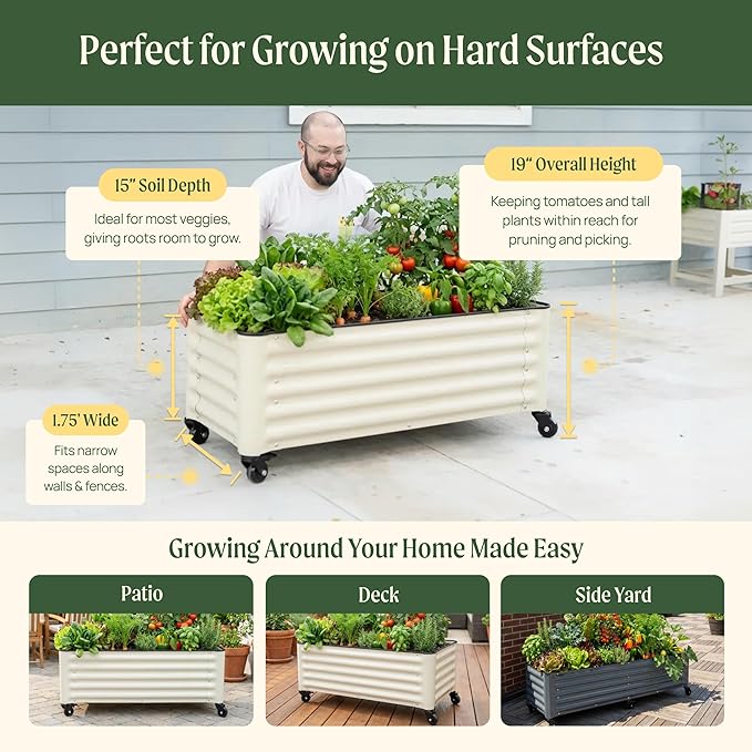 Vego garden Classic Rolling Garden Bed – 1.75' Mobile Metal Raised Garden Bed for Patio, Deck, Balcony – Deep Planting Space, Durable & Easy to Move (Pearl White, 1.75'X4')