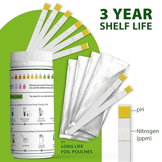 Soil Testing Kit 2-in-1 for pH & Nitrogen – 100 Pack in Resealable Pouches – Fast & Accurate Soil pH Tester for Garden, Lawn & Plants – Includes Spoon & Tube