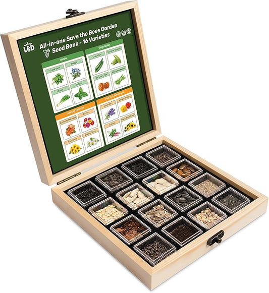 Lush&Dew Save Bees Garden Seed Bank, Gardening Gift for Women Men,16 Varieties Non-GMO Heirloom Pollinator-Friendly Vegetable Flower Seeds Kit, Planting in Raised Beds Outdoors, Milkweed Poppy Lupine
