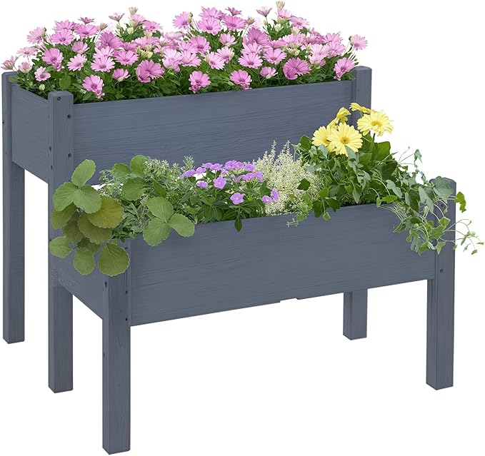 Outsunny 34"x34"x28" Raised Garden Bed, 2-Tier Elevated Wood Planter Box for Backyard, Patio to Grow Vegetables, Herbs, and Flowers, Gray