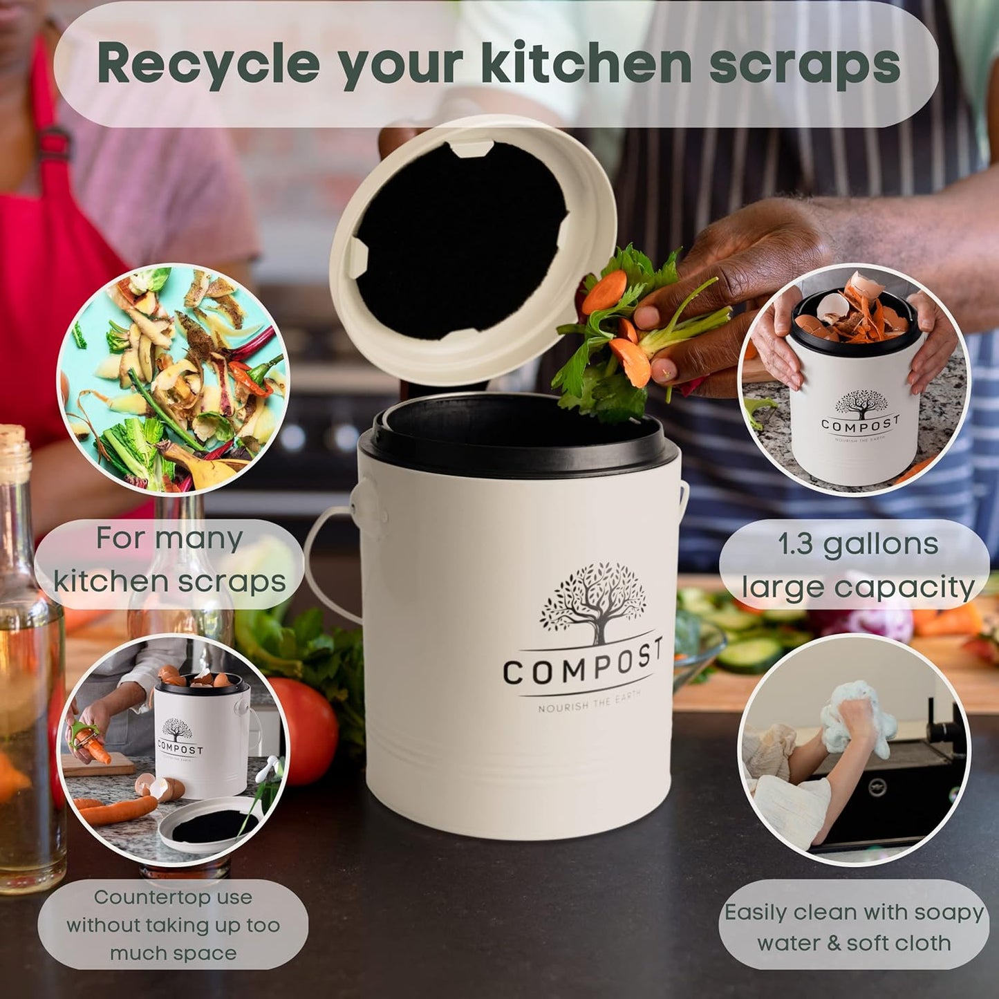 Perfnique Kitchen Compost Bin, 1.3 Gallon Countertop Compost Bin with Lid, Indoor Compost Bucket Includes Inner Bucket Liner and Carbon Filter, Small Compost Bin with Trash Bags (with Bags, Cream)