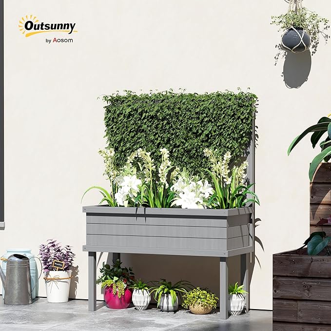 Outsunny Raised Garden Bed with Trellis for Climbing Plants, Vegetable, Grape Vines, Elevated Planter Box with Legs, Drainage Holes and Filter for Outdoor Garden, Patio, Gray