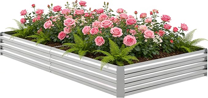 8x4x1FT Galvanized Raised Garden Bed Outdoor Patio, Large Rectangular Metal Planter Boxes,Plant Container Kit for Gardening, Vegetables, Flowers, Herbs,Silver,1 Pack