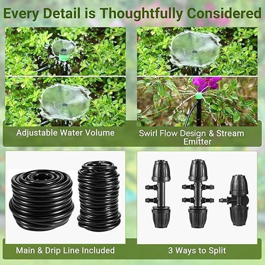 Drip Irrigation System for Garden, Adjustable Drip Irrigation Kit with Drip Emitters, 5/16" & 1/4" Irrigation Tubing & Barbed Fittings for Raised Beds, Lawn