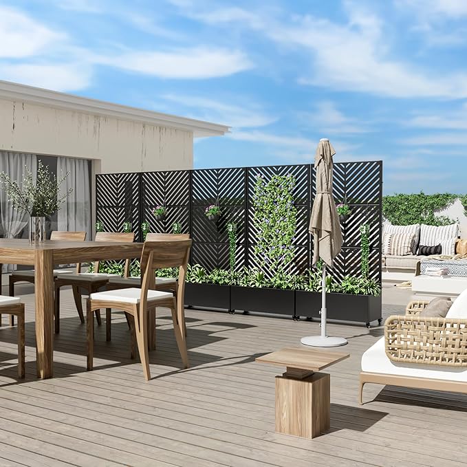 Casaphoria Metal Raised Garden Bed with Trellis and Wheels, 72"x35"x16" Planter Box for Climbing Plants, Vegetables & Vines, Features Drainage Holes and Privacy Screen, Black-Parallel