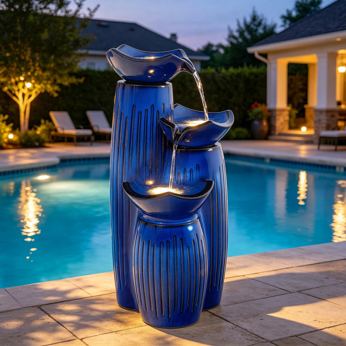 Autodaya 30" H Modern Ceramic Outdoor Water Fountain (Cobalt Blue Fluted-30"h)