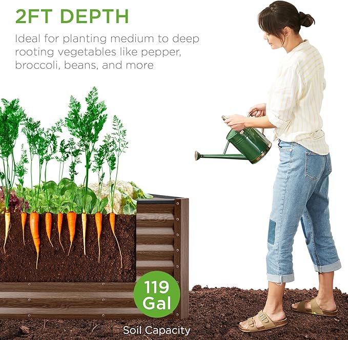 Best Choice Products 4x2x2ft Outdoor Metal Raised Garden Bed, Deep Root Box Planter for Vegetables, Flowers, Herbs, 119 Gallon Capacity, 100% Non Toxic Materials - Dark Brown Wood Grain