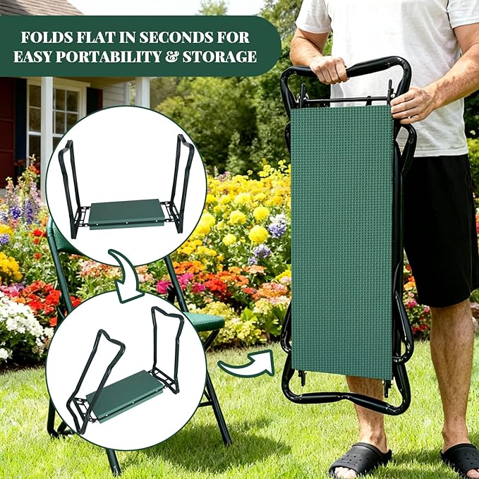 Upgraded Garden Kneeler and Seat with Thicken & Widen Soft Kneeling Pad,Heavy Duty Gardening bench kneeler and seat Foldable Gardening Stool with 2 Tool Pouches，Gifts for Women, Seniors, Mom & Dad