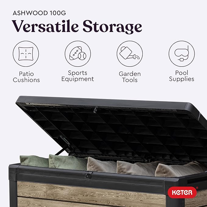 Keter Ashwood 100 Gallon Resin Deck Box Organization and Storage for Patio Furniture Outdoor Cushions, Throw Pillows, Garden Tools and Pool Toys, Brown