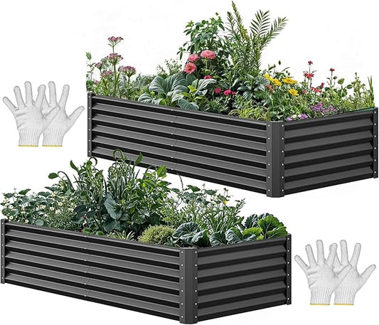 YITAHOME 72x36x18 in 2pcs Galvanized Raised Garden Bed Kit, Large Metal Planter Box with Gloves & Support Rod, Outdoor Flower Bed for Plants Vegetables, Black