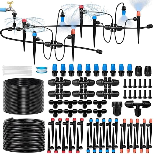 230FT Drip Irrigation System for Garden with 40 Nozzles & Emitters, Garden Watering System with 1/2" & 1/4" Tube and Barbed Fittings - Adjustable Sprinklers Kit for Greenhouse, Lawn, Raised Bed