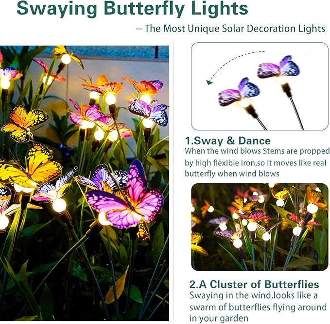 TONULAX Solar Garden Lights - 2 Pack Swaying Butterfly Light, Swaying in The Wind, Solar Outdoor Lights, Yard Patio Pathway Decoration, High Flexibility Iron Wire & Realistic Butterflies (2 Pack)