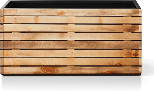 Rectangular Planters for Outdoor Plants, Large Planter Box with Drainage Holes, Metal Balck Palnters for Patio, Garden (32" L x 15" W x 16" H, Walnut Wood Grain)