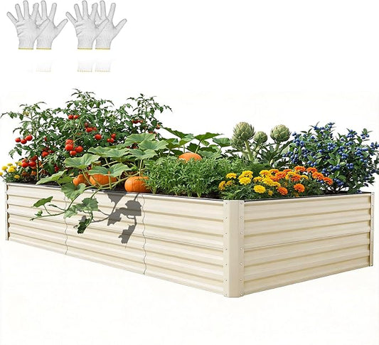 YITAHOME 8x4x2ft Large Raised Garden Bed Kit, Galvanized Metal Planter Box with Gloves, Support Rod & Safety Rubber, Outdoor Above Ground Planters for Plants Vegetables Flowers, Cream Yellow