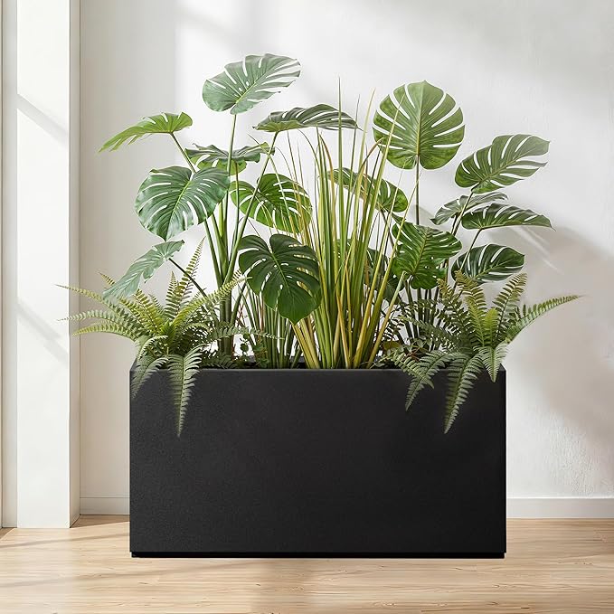 32" L x 10" W x 16" H Metal Rectangular Planters, Long Outdoor Planter Box, Black Rectangle Planter for Front Porch, Garden, with Drainage Holes, All Weather Use (No Insert Shelf)