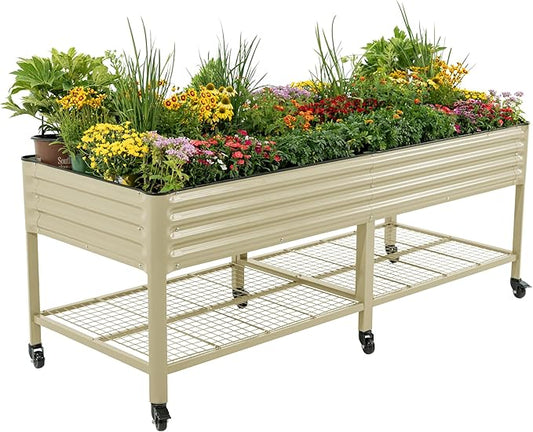 Rolling Elevated Raised Garden Bed - Jumbo Series, 3' x 8' Outdoor Planters Boxes with Legs & Storage Rack for Patio, 2000+ Lbs Weight Capacity, Raised Beds for Gardening Herbs Flowers, Pearl White