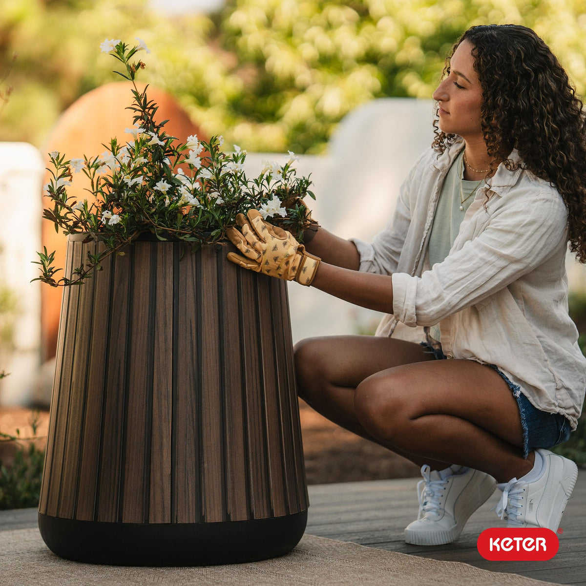 Signature Conic 23.8 Inch Tall Round Large Wood Look Planter for Indoor or Outdoor Flower Pot Ideal for Patio Deck and Front Porch Decor