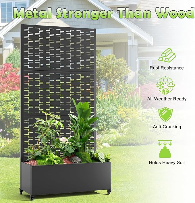 15.7"×70.9"×35.4" Metal Raised Garden Bed with Trellis and Wheels - Tall Trellis Planter Box for Climbing Plants, Vegetables & Vines - Outdoor Privacy Planters for Patio (Black-Brick)