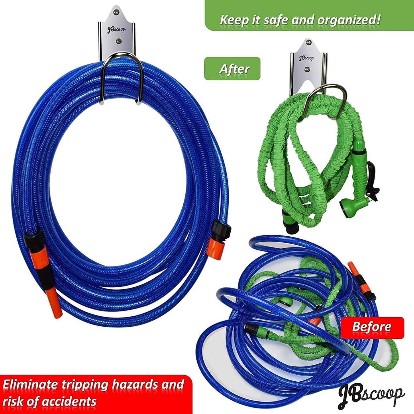 JBscoop Stainless Steel Garden Hose Hanger (Set of 2), for Garden Hose Holder, Rust Free Hose Holder Wall Mount, Heavy Duty Wall Mount Hose Hanger