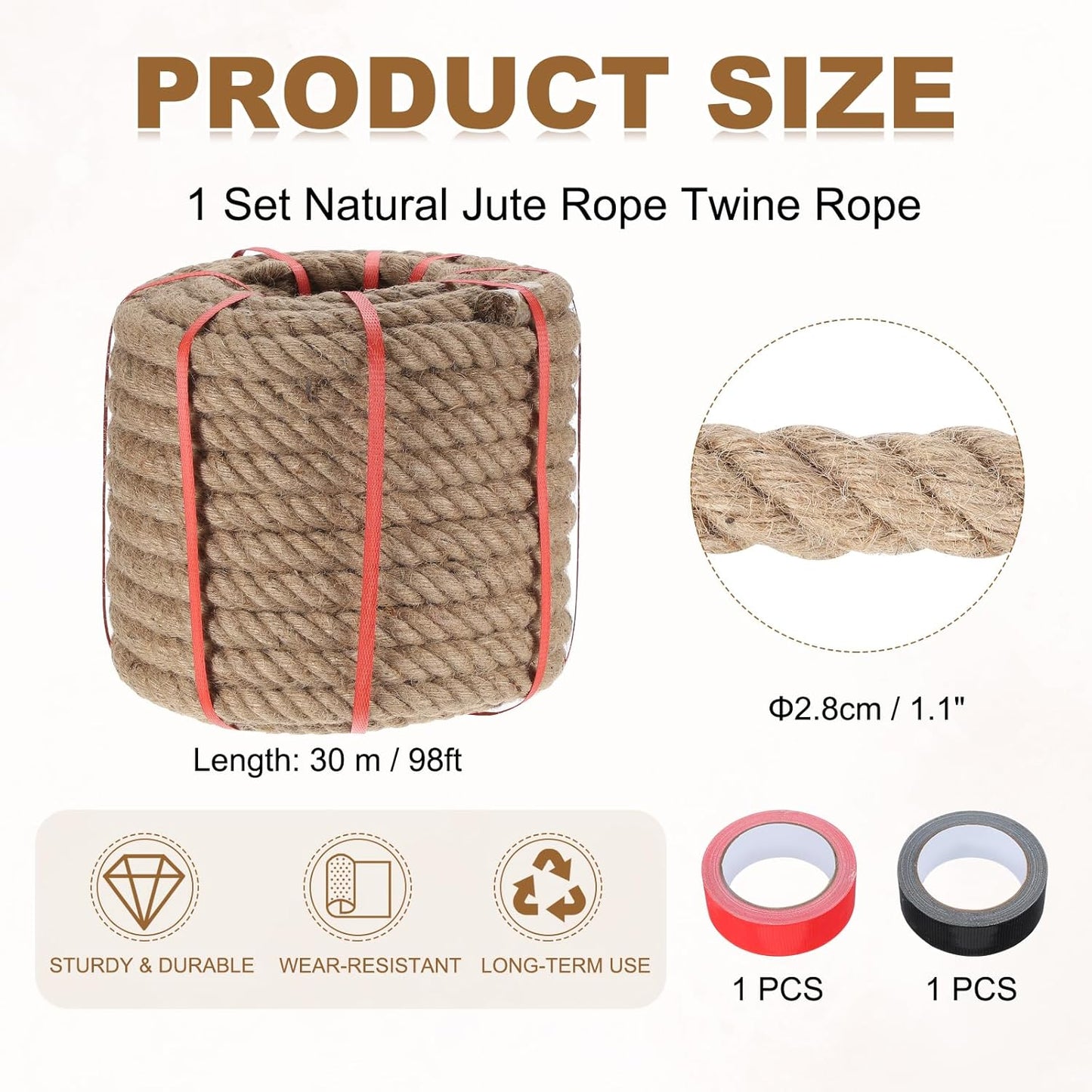 MECCANIXITY Jute Rope 1.1 Inch x 98ft, Thick Twine Rope Ropes Braided Jute Twine Natural Brown Burlap Cord String Heavy Twisted with Tapes for Decorative Crafts Railing Swing Tug of War