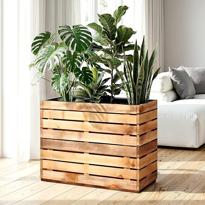Metal Rectangular Planter Box with Drainage Holes, Tall & Large Rectangle Planter for Outdoor Plants, Flowers, Trees (30" L x 12" W x 24" H, Walnut Wood Grain)