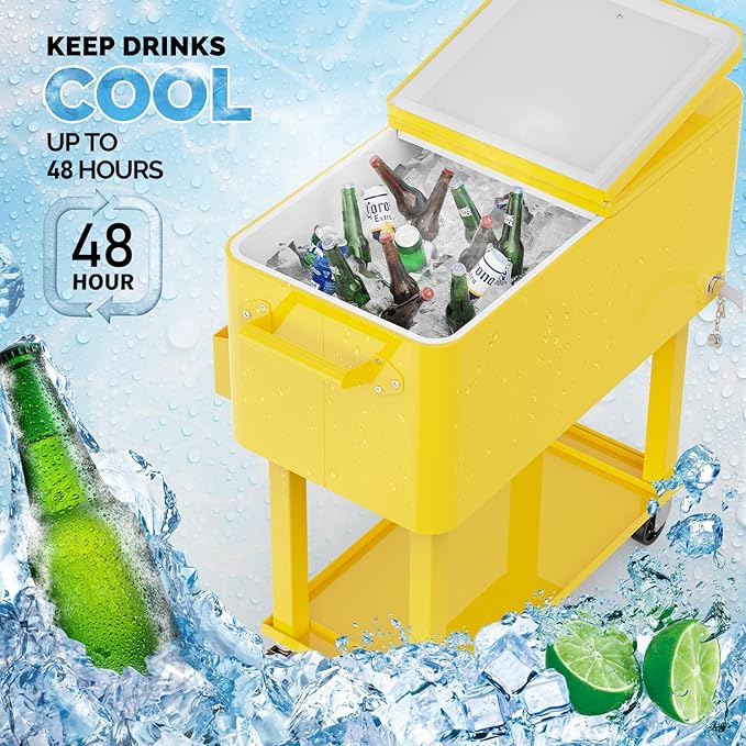 VINGLI 80 Quart Rolling Ice Chest, Portable Patio Party Bar Drink Cooler Cart, with Shelf, Beverage Pool with Bottle Opener