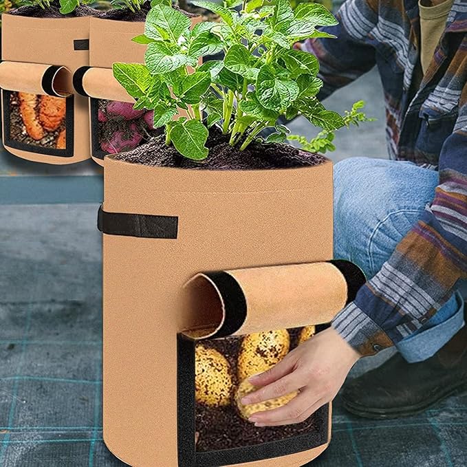 JJGoo 4 Pack Potato Grow Bags 10 Gallon with Flap, Heavy Duty Fabric Grow Bags with Handle and Harvest Window, Non-Woven Planter Pot Plant Garden Bags to Grow Vegetables Potato Tomato, Brown