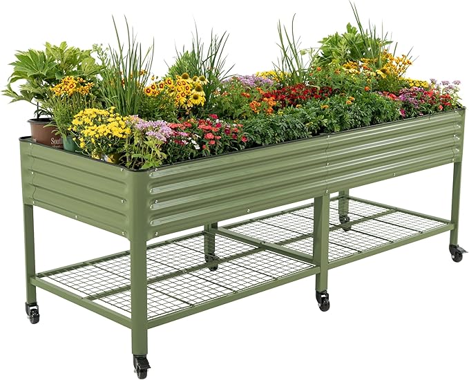 Rolling Elevated Raised Garden Bed - Jumbo Series, 3' x 8' Outdoor Planters Boxes with Legs & Storage Rack for Patio, 2000+ Lbs Weight Capacity, Raised Beds for Gardening Herbs Flowers, Olive Green