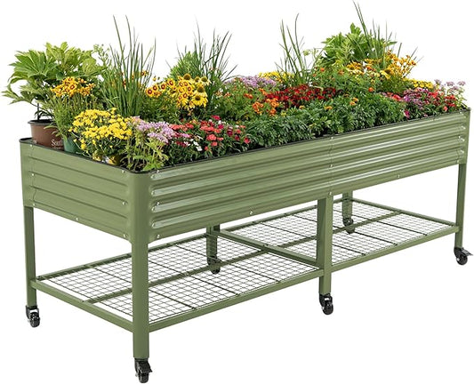 Rolling Elevated Raised Garden Bed - Jumbo Series, 3' x 8' Outdoor Planters Boxes with Legs & Storage Rack for Patio, 2000+ Lbs Weight Capacity, Raised Beds for Gardening Herbs Flowers, Olive Green