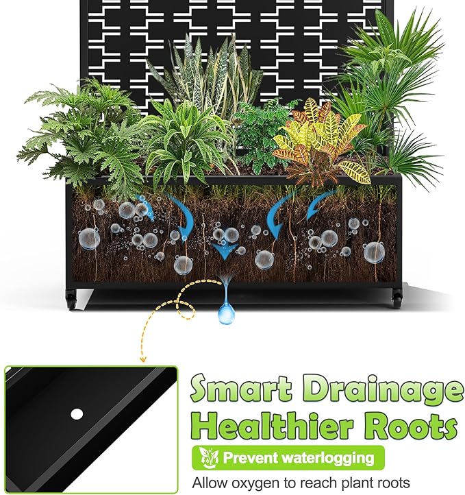 15.7"×70.9"×35.4" Metal Raised Garden Bed with Trellis and Wheels - Tall Trellis Planter Box for Climbing Plants, Vegetables & Vines - Outdoor Privacy Planters for Patio (Black-Brick)