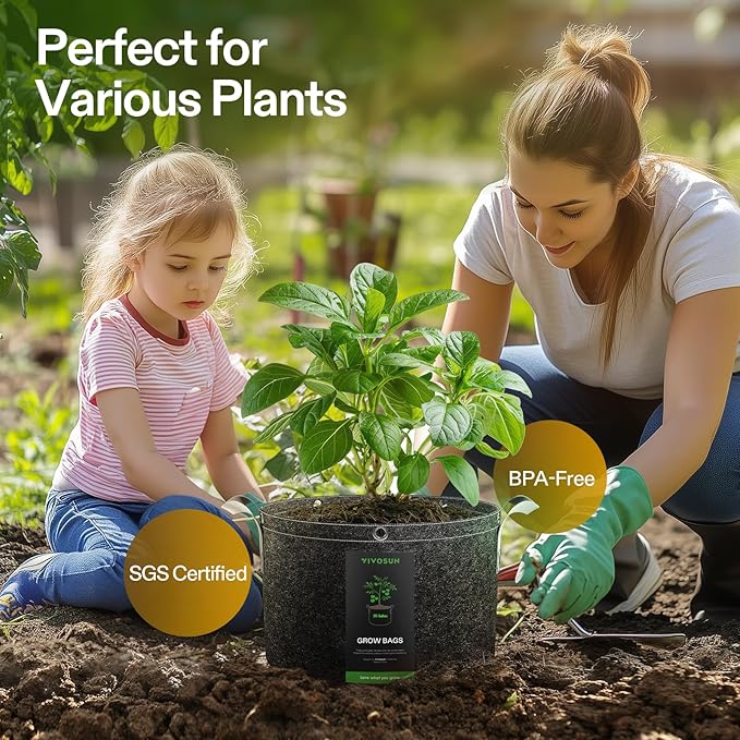 VIVOSUN 5-Pack 25 Gallon Grow Bags, 500G Thick Nonwoven Fabric Pots with Strap Handles, Multi-Purpose Rings, for Low Stress Plant Training Fruits, Vegetables, and Flowers