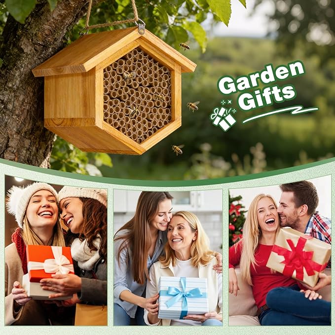 Mason Bee House Wax Coated Bee Hotel, Pollinator House Waterproof, Natural Handmade Wooden Mason Bee Hotel for Pollinating Bees Garden Supplies