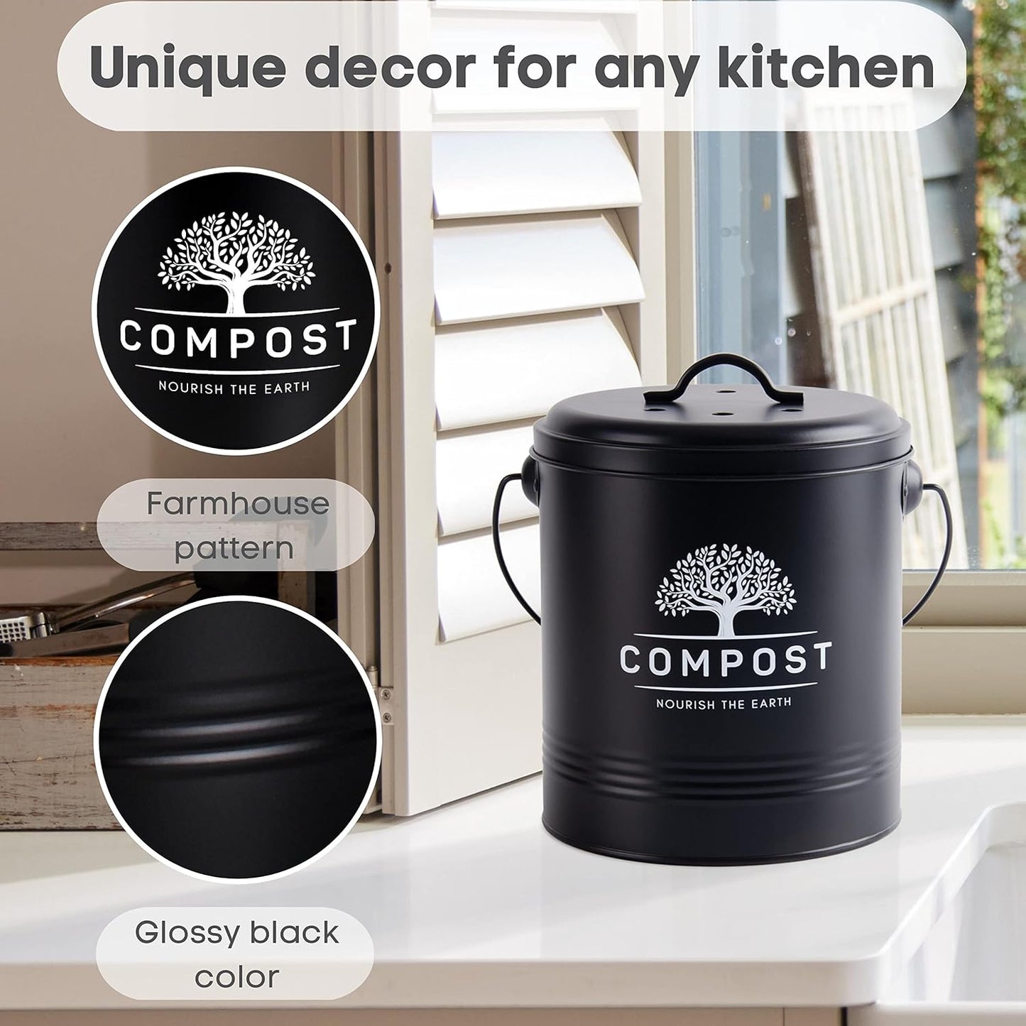 Perfnique Kitchen Compost Bin, 1.3 Gallon Countertop Compost Bin with Lid, Indoor Compost Bucket Includes Inner Bucket Liner and Carbon Filter, Small Compost Bin with Trash Bags (with Bags, Black)