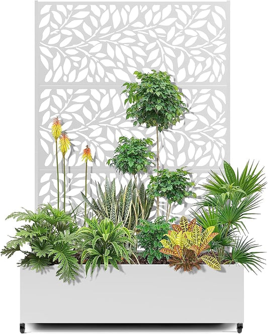 15.7"×70.9"×47.2" Metal Raised Garden Bed with Trellis and Wheels - Tall Trellis Planter Box for Climbing Plants, Vegetables & Vines - Outdoor Privacy Planters for Patio (White)