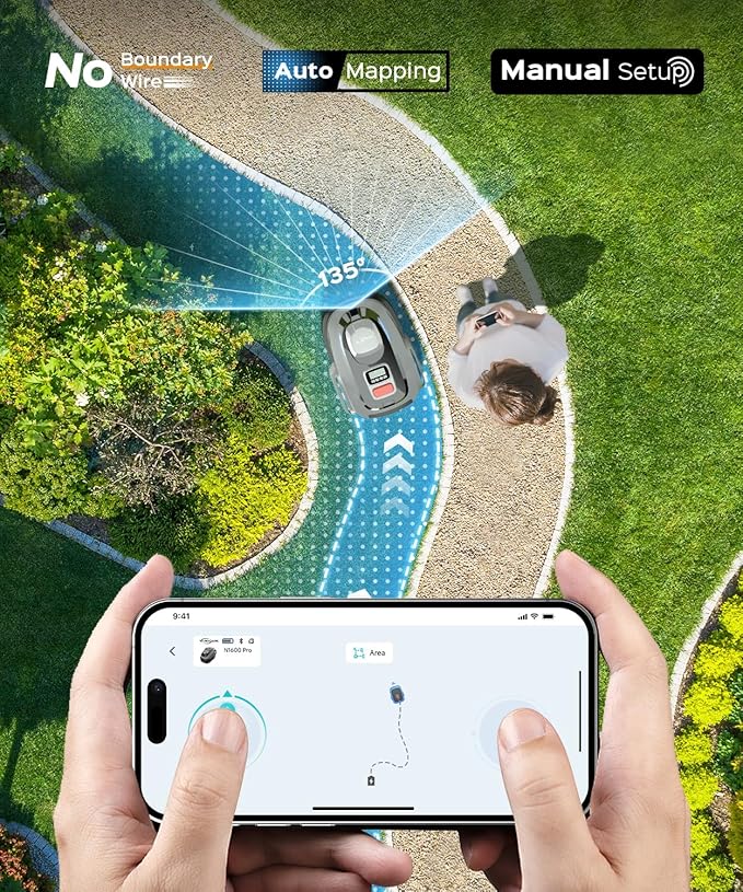 N1600 PRO Robot Lawn Mower, Wireless Design with RTK+Vision Navigation, 0.4 Acre Coverage, APP Smart Control Robot Lawn Mower, Multi-Zone Mowing, Curved Path, Adjustable Cutting Height