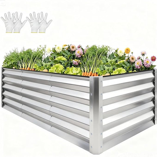 YITAHOME 8x4x3ft Large Raised Garden Bed Kit, Galvanized Metal Planter Box with Gloves, Support Rod & Safety Rubber, Outdoor Above Ground Planters for Plants Vegetables Flowers, Silver