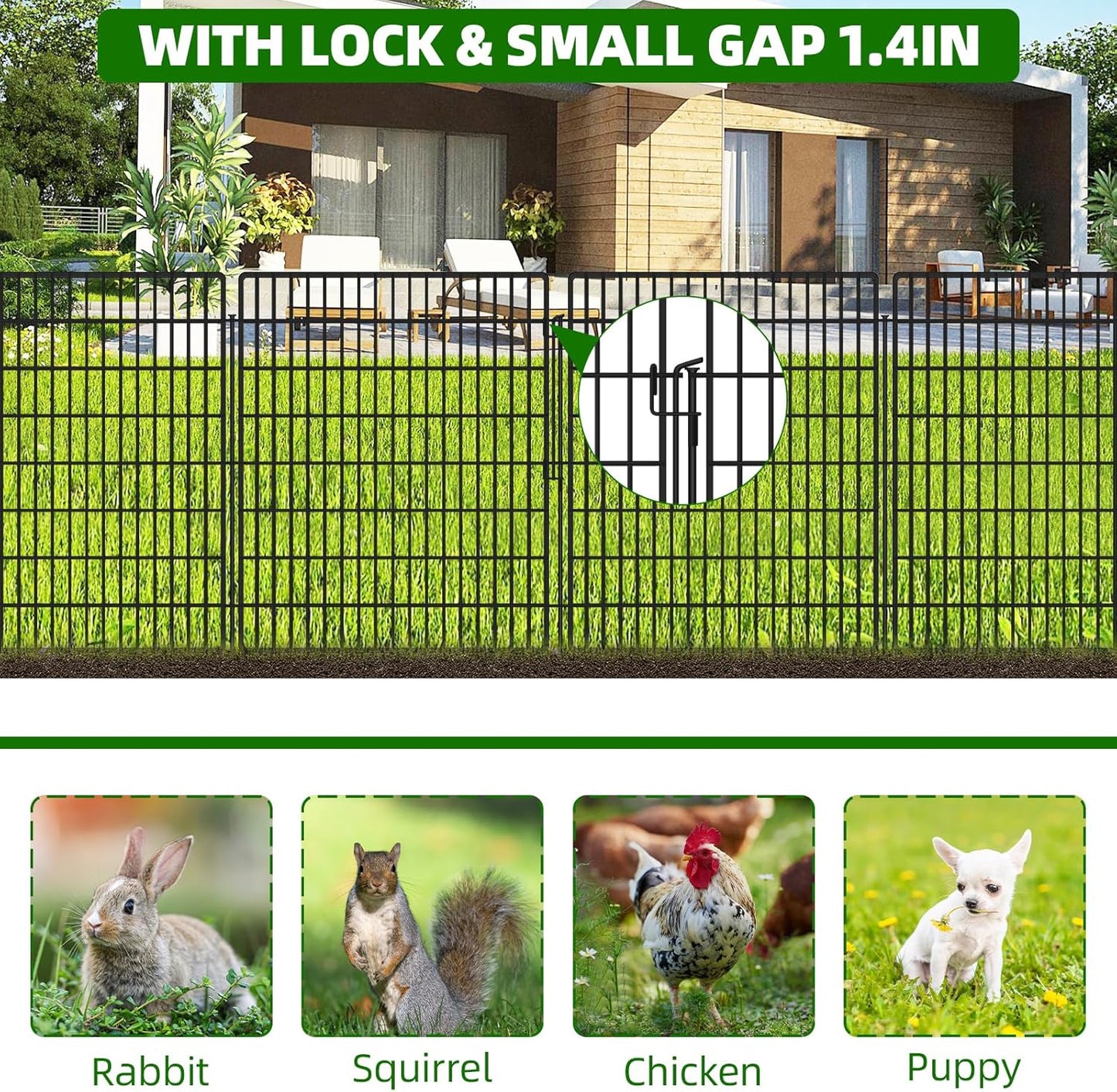 10 Panels Garden Fencing Animal Barrier with Lock, 33 in(H) X 24 ft(L) Dog Fence Outdoor for Yard Rustproof No Dig Decorative Tall Garden Fence Metal Wire Panel Border Rabbit Ground Stakes Fencing