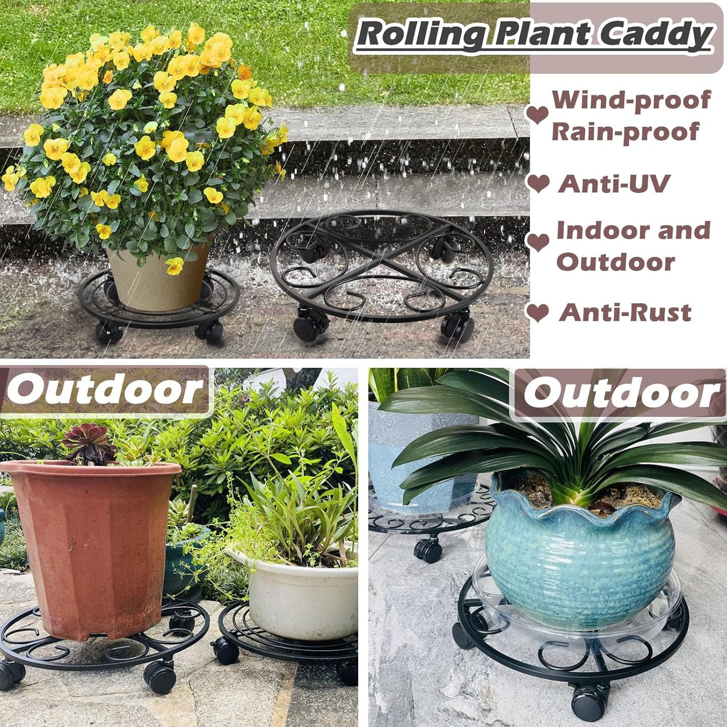 12" Metal Plant Caddy with Wheels 5 Packs Rolling Plant Stands Indoor Wheeled Plant Dolly Heavy-duty Pot Mover Roller Base Outdoor Plant Trolley Cart with Brake Casters Water-proof Dust-proof, Black