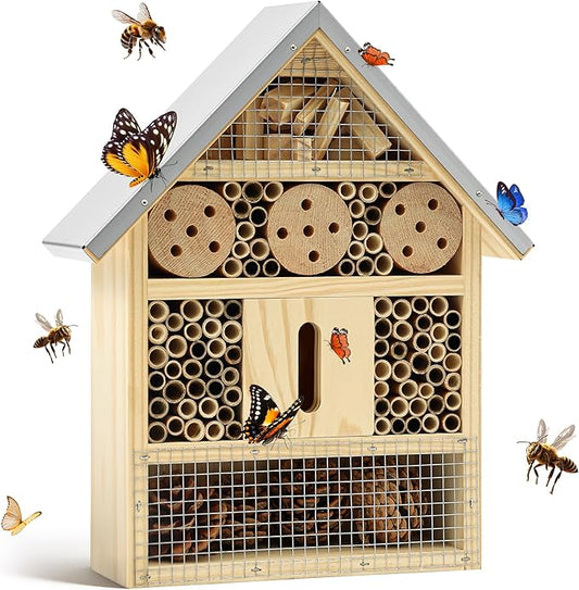 UUMENHA Insect Hotel & Mason Bee House - Butterfly House,Multi-Functional Bee Hotel for Garden, Attract Pollinators,Durable Natural Wood Design,4.13×2.56×10.63 inches