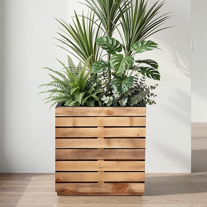 Metal Planter Box for Outdoor Plants, Black Rectangular Planters for Porch with Drainage Holes, All-Weather Use, Rust-Resistance (17" L x 17" W x 18" H, Walnut Wood Grain)