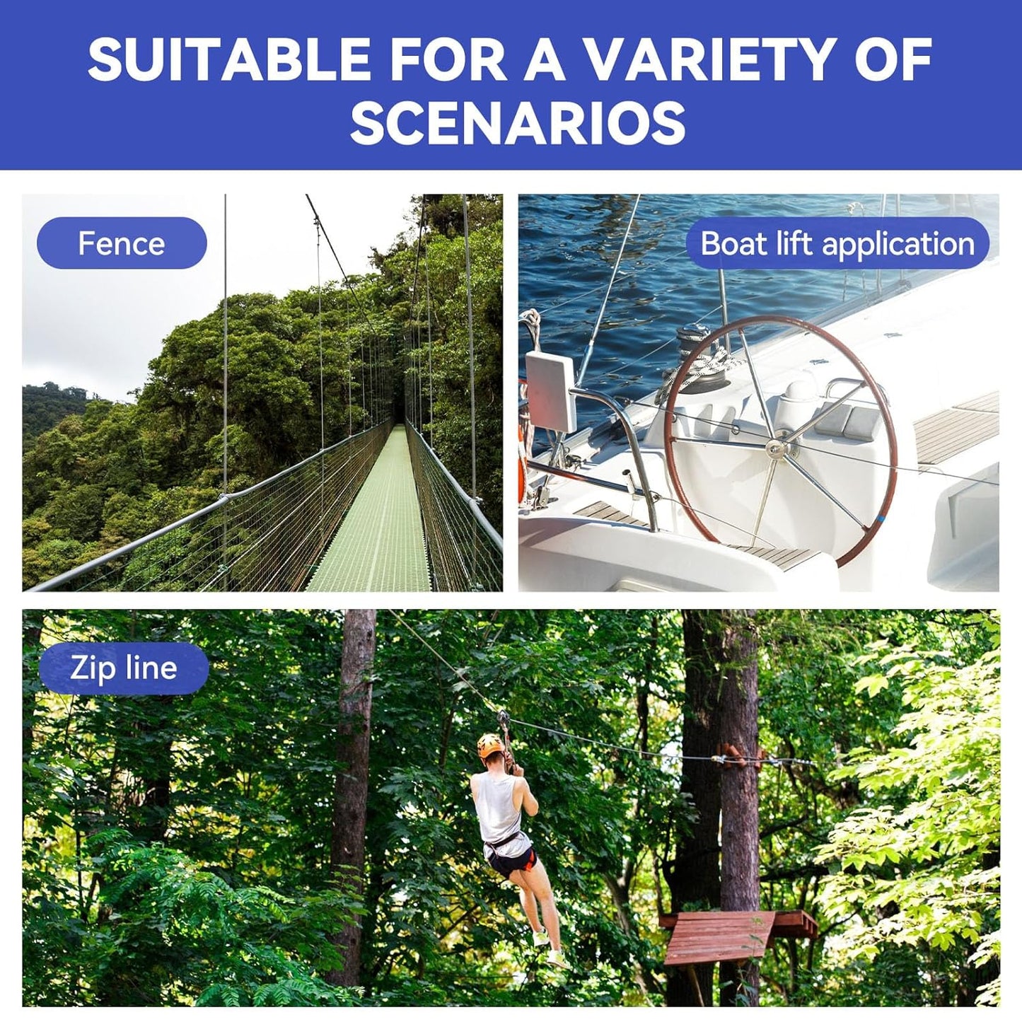 1/4" Stainless Steel Cable,7x19 Strand Aircraft Wire Rope,Cable for Heavy Duty Applications,Zip Iine and Outdoor Pulley Cables,Deck Railing, with Gloves,Breaking Strength 6400 Ibs,600FT