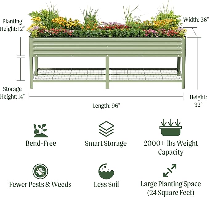 Elevated Raised Garden Bed- Jumbo Series, 3' x 8' Outdoor Planters Boxes with Legs & Storage Rack for Patio, 2000+ Lbs Weight Capacity, Raised Beds for Gardening Herbs Vegetables Flowers, Modern Gray