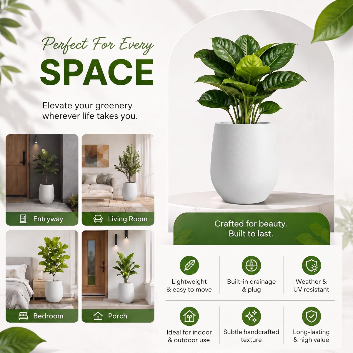 Premium Mt Wilson Tall Tapered Fiberstone Planter for Indoor Outdoor Use (White / 15'' D x 16.7'' H)