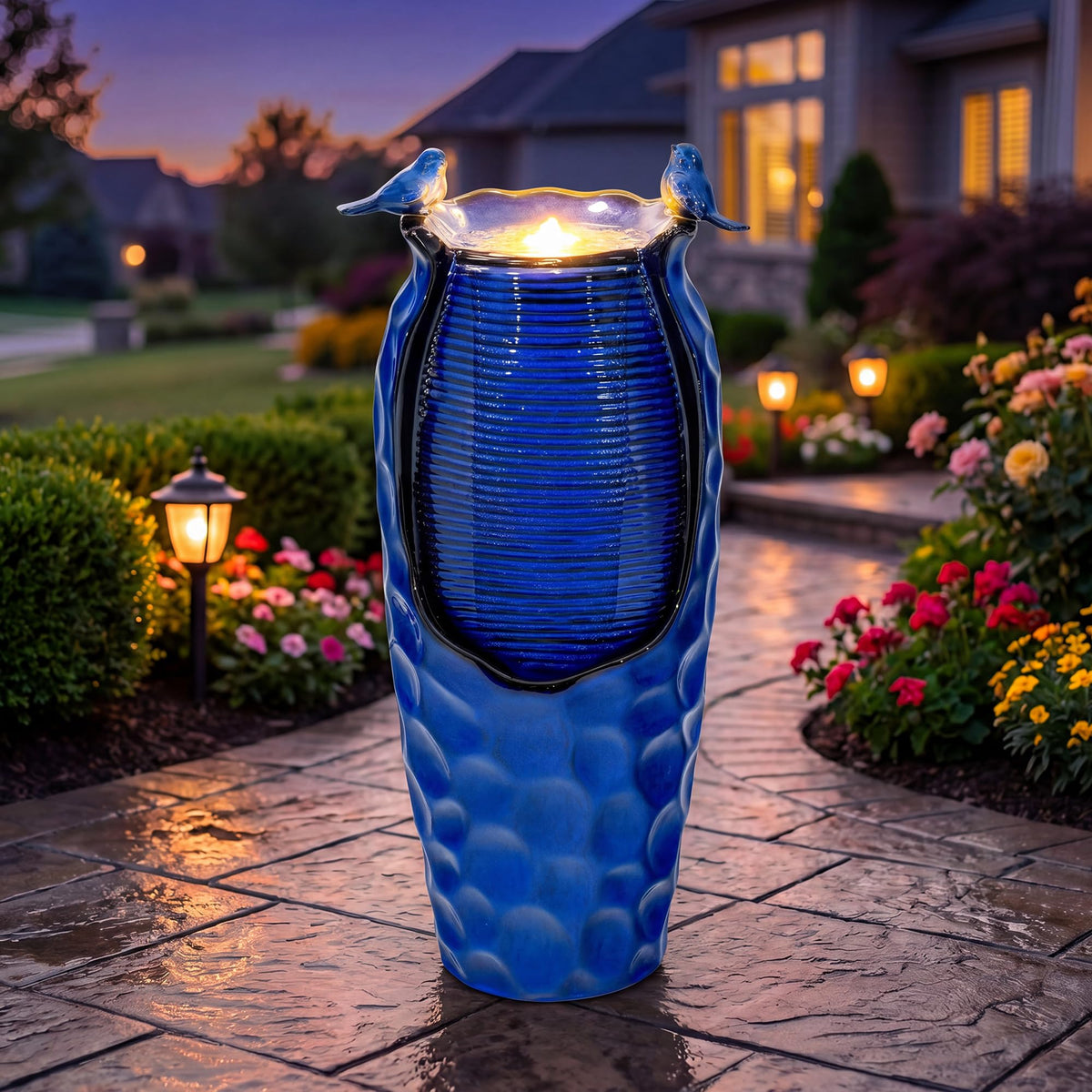 Autodaya 33" Vase Ceramic Outdoor Water Fountain with Lights and Birds (33"h-hammered Cobalt Blue)