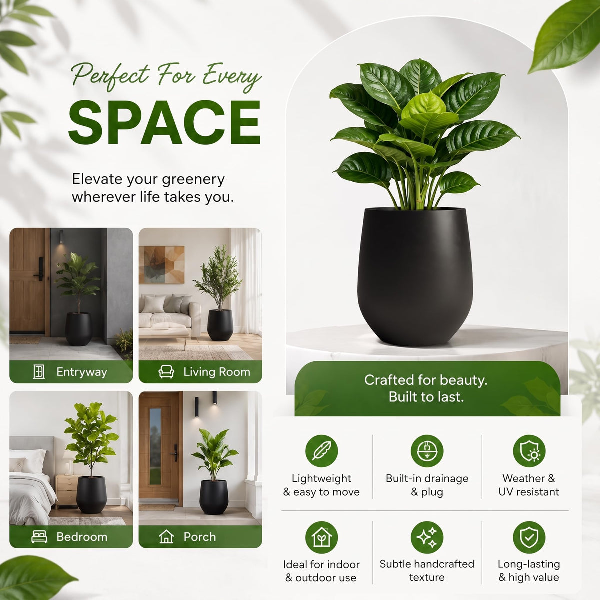 Premium Mt Wilson Tall Tapered Fiberstone Planter for Indoor Outdoor Use (Black / 20.1'' D x 21.9'' H)