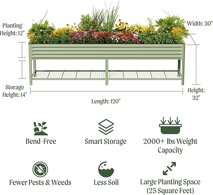 Elevated Raised Garden Bed- Jumbo Series, 2.5' x 10' Outdoor Planters Box with Legs & Storage Rack for Patio, 2000+ Lbs Weight Capacity, Raised Beds for Gardening Herbs Vegetables Flowers, Modern Gray