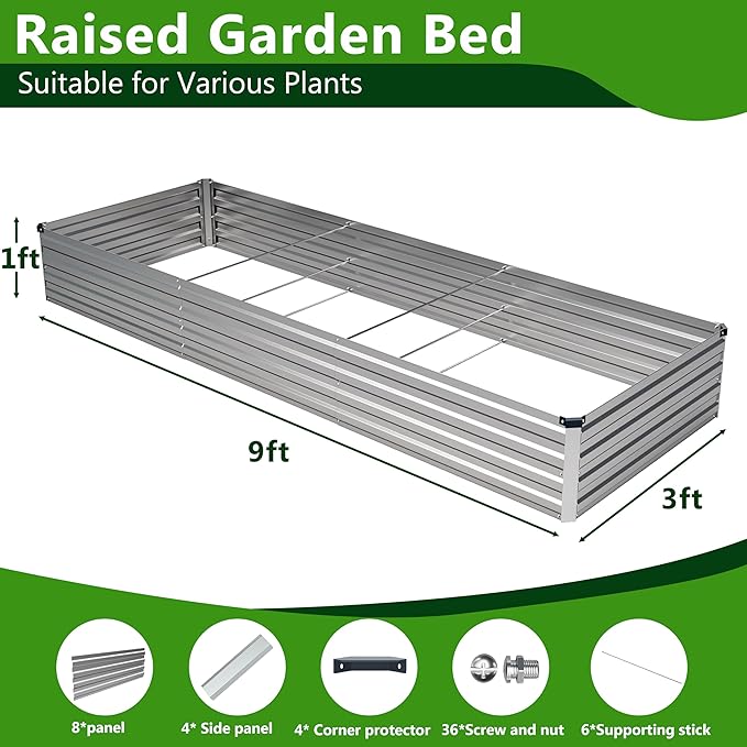 2PCS 9x3x1ft Galvanized Raised Garden Bed Kit, Galvanized Planter Raised Garden Boxes Outdoor, Large Metal Raised Garden Beds for Vegetables,Silver