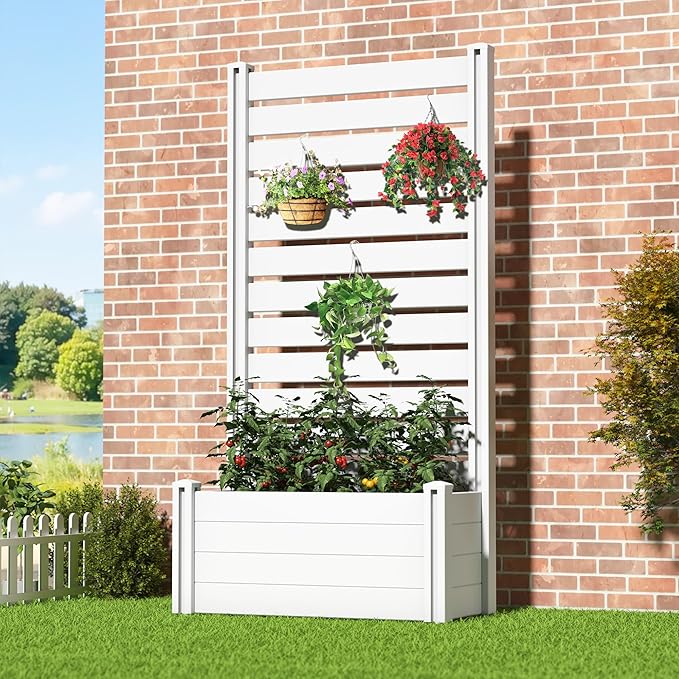 Casaphoria Raised Garden Bed with Trellis, 73"x37"x18" Planter Box with Open Bottom for Gardening Vegetables & Vines and Climbing Plants, White