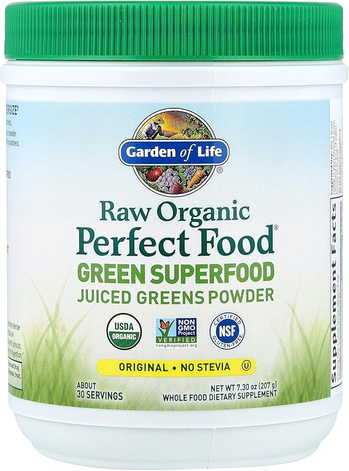 Garden of Life Raw Organic Perfect Food Green Superfood Juiced Greens Powder - Original Stevia-Free, 30 Servings, Non-GMO, Gluten Free Whole Food Dietary Supplement, Alkalize, Detoxify, Energize